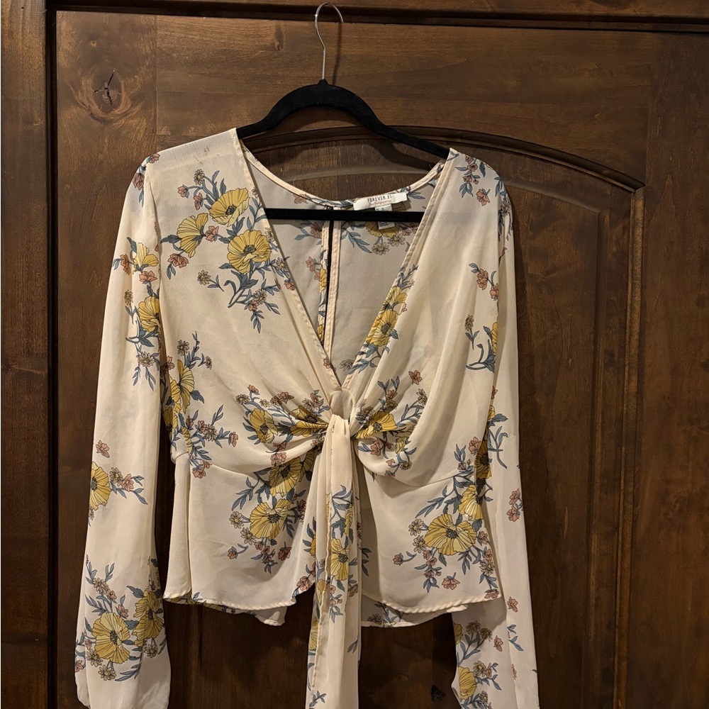 Floral Tie-Front Blouse - Cream and Yellow